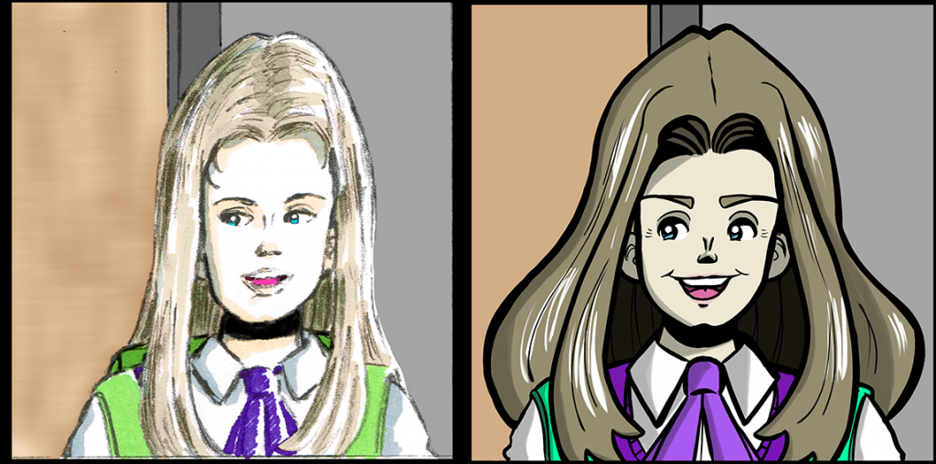 Art comparison of Corinne from Corbie issue #1, page 8 (2018) versus the 2023 version.